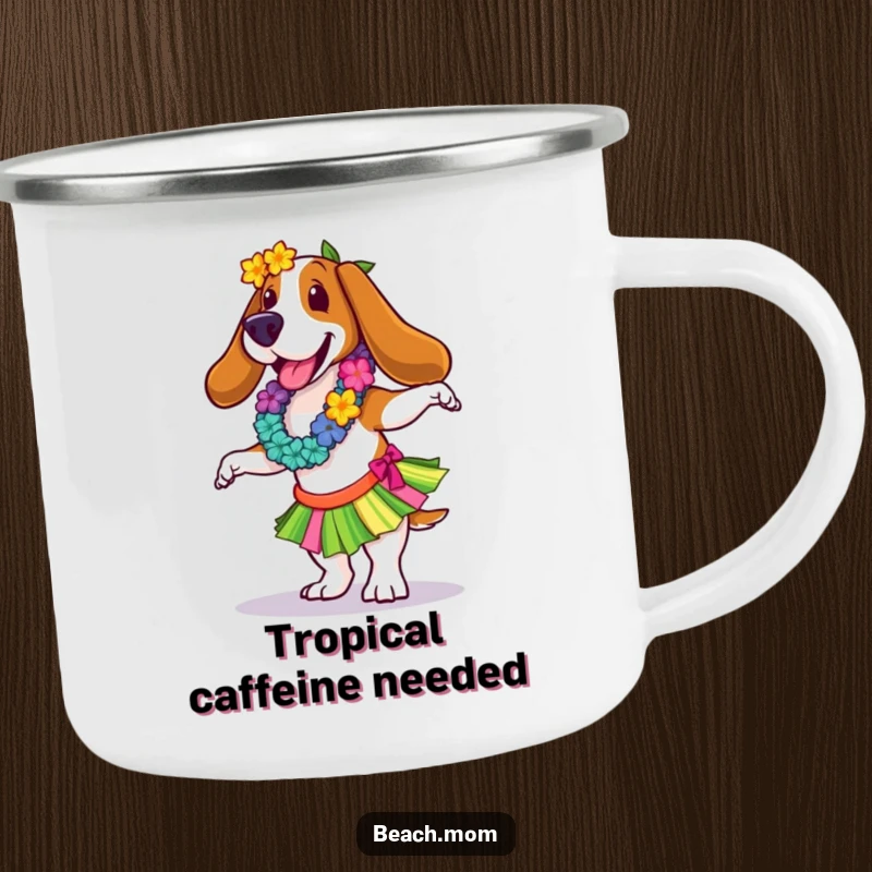 Funny Basset Hound camping mug with a hula dancer design, perfect for enjoying warm beverages outdoors with a tropical flair.