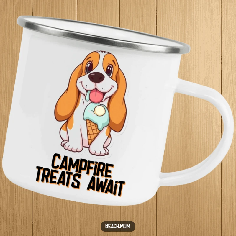 Funny Basset Hound camping mug depicting a happy dog with a melting ice cream cone, ideal for enjoying beverages outdoors.