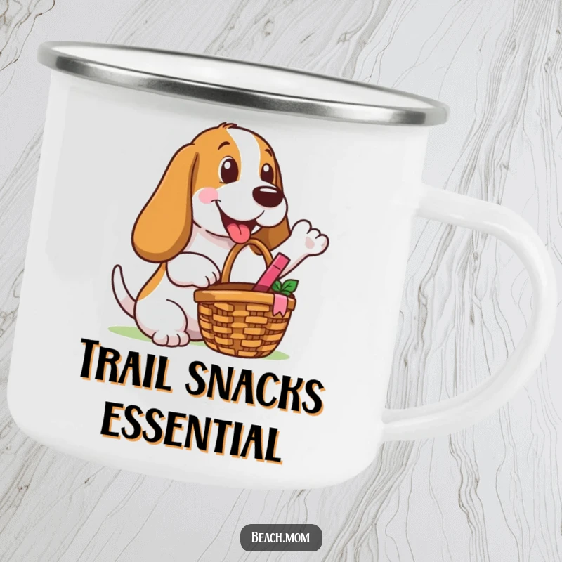 Funny Basset Hound camping mug depicting a dog with a picnic basket, offering a happy gesture, perfect for outdoor beverages.