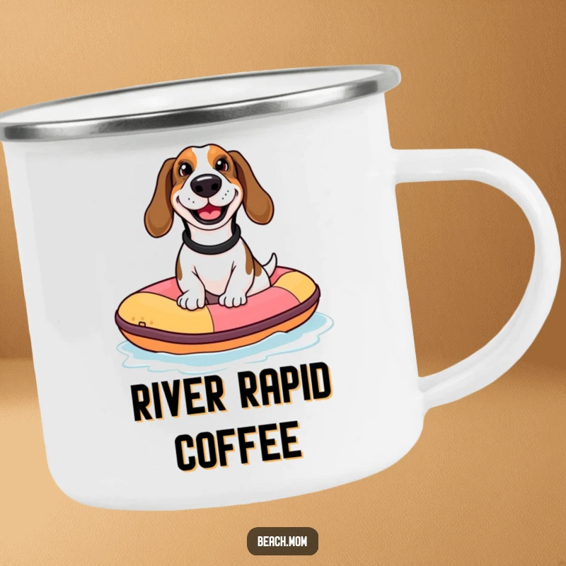 Funny Basset Hound camping mug showing a dog with a goofy grin riding a tiny inflatable raft, perfect for humorous outdoor drinks.