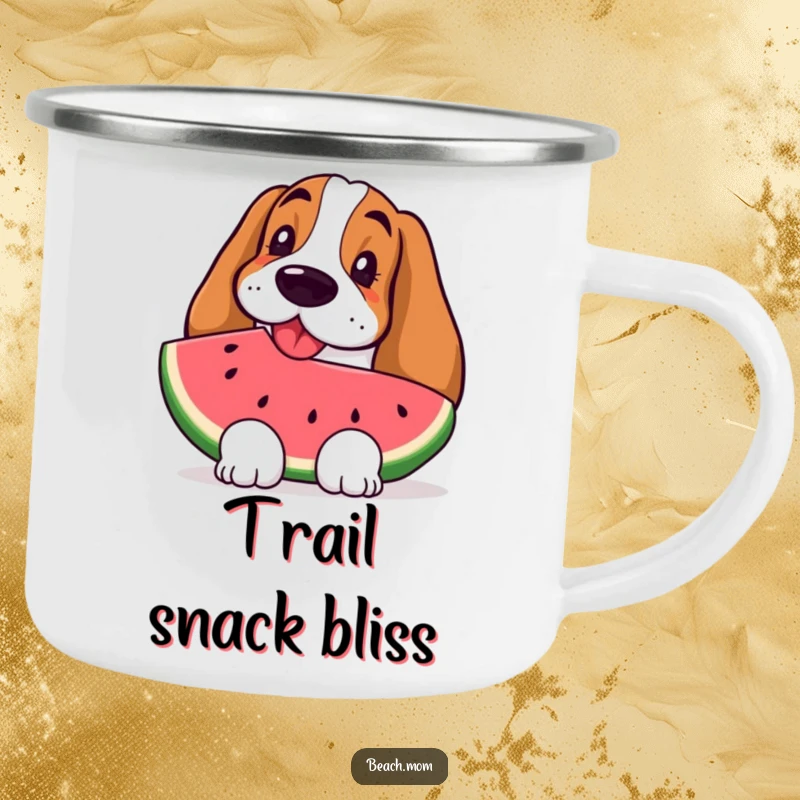 Funny Basset Hound camping mug with a happy dog enjoying a slice of watermelon, ideal for summer trips.