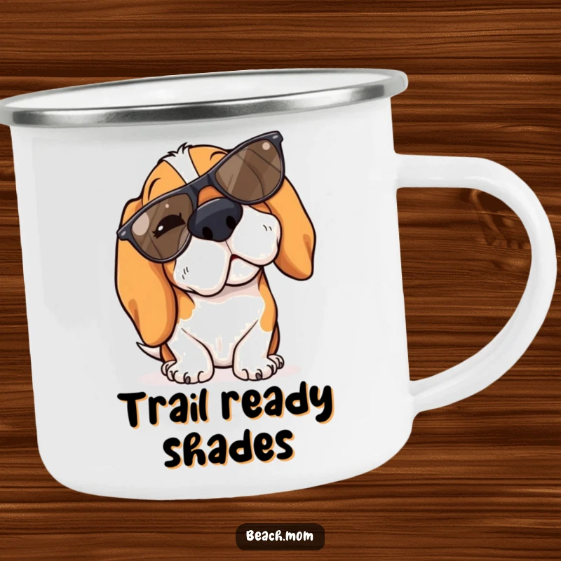 Funny Basset Hound camping mug with a winking dog wearing cool sunglasses tipped on its nose, ready for adventure.