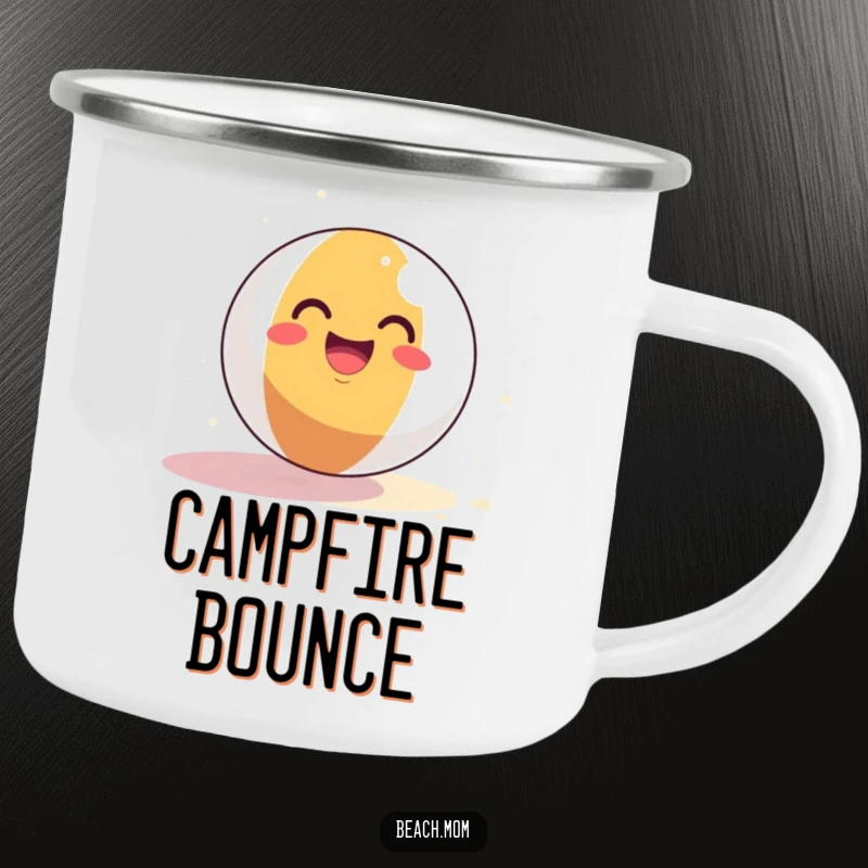 Funny Beach Ball Camping Mug: A smiling beach ball bounces joyfully on sand, bringing durable, humorous summer vibes to adventures.