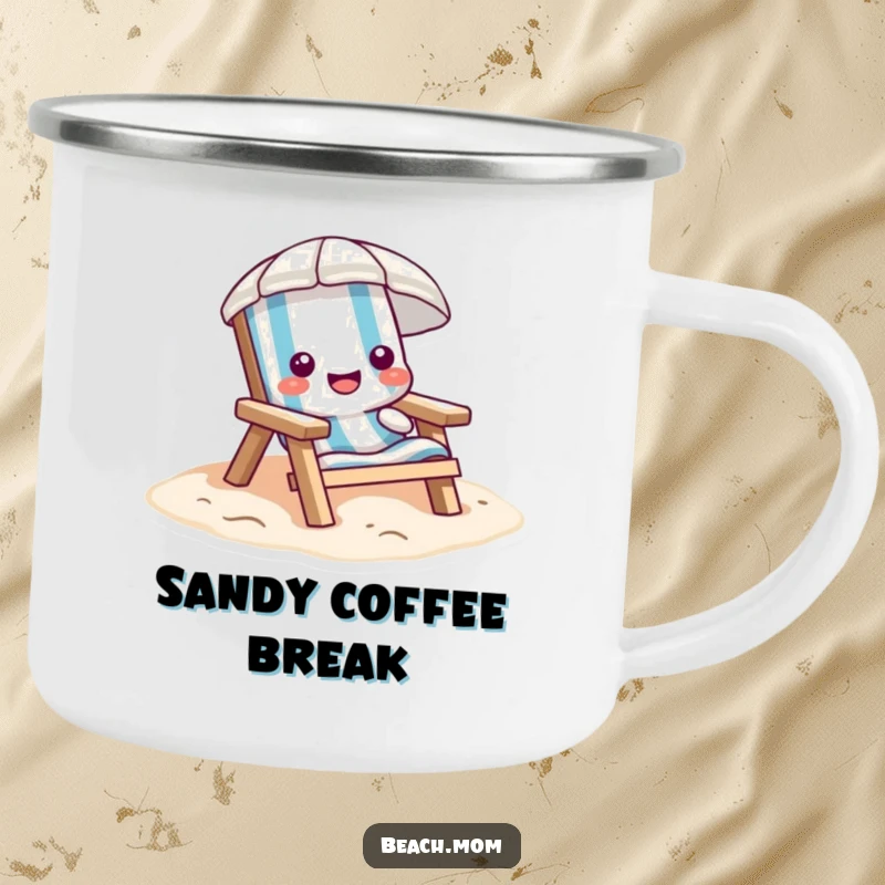 Funny beach chair camping mug, durable cup featuring a cartoon character sinking into soft sand.