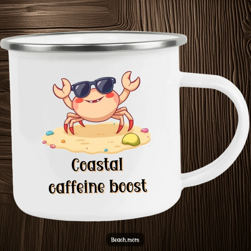 Funny crab camping mug with sunglasses, perfect for outdoor adventures and seaside humor.
