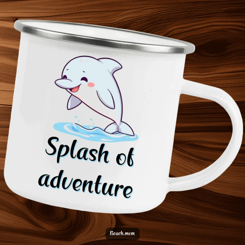 Funny Dolphin Camping Mug: A dolphin leaps from water with a grin, ideal for outdoor drinks.