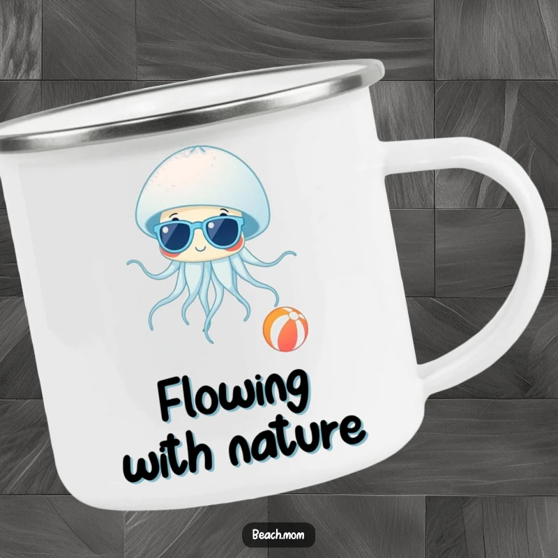 Funny Jellyfish Shades Camping Mug: Enamel mug featuring a jellyfish in sunglasses near a beach ball, perfect for funny outdoor breaks.