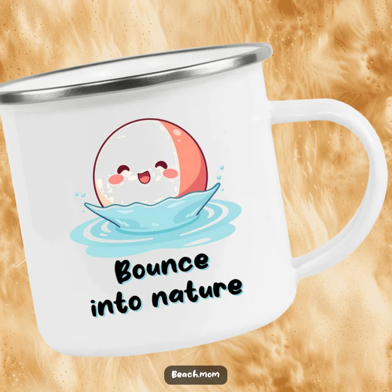Funny Kawaii Beach Ball Camping Mug: a joyful beach ball character bouncing on water, built for outdoor fun.