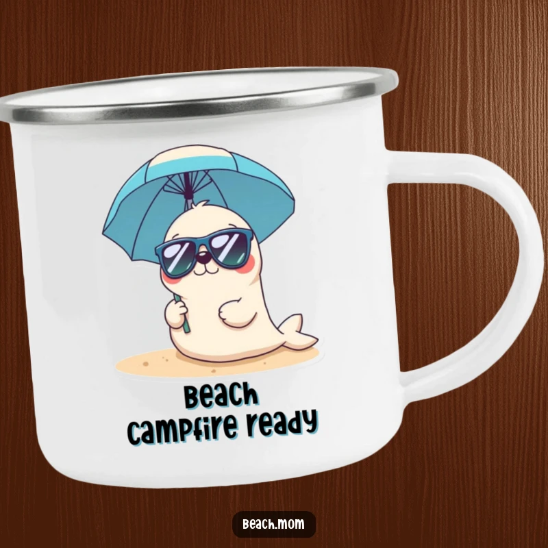 Funny Kawaii seal camping mug with a cute seal wearing sunglasses and holding a beach umbrella, perfect for outdoor use.
