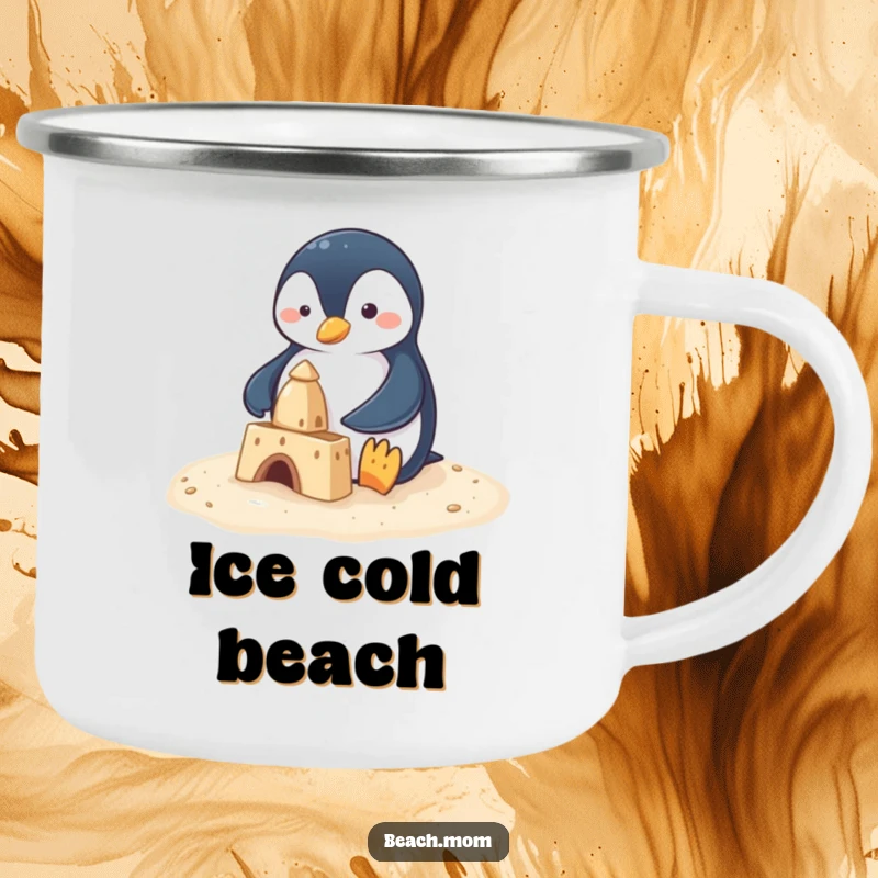 Funny penguin building a sandcastle with tiny flippers, shown on a sturdy camping mug, perfect for outdoor humor.