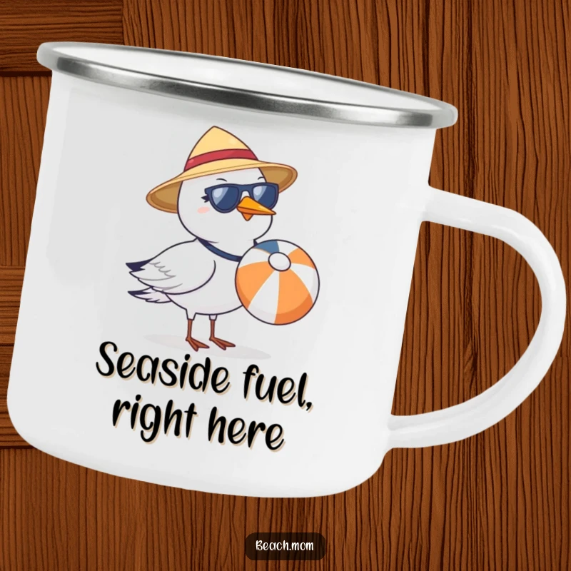 Funny seagull with sun hat and sunglasses, holding a beach ball, on a durable camping mug.