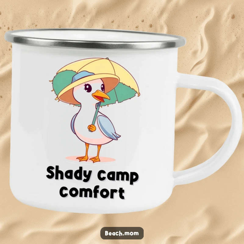 Funny camping mug featuring a seagull in a straw hat carrying a beach umbrella, a durable and humorous accessory for outdoor enjoyment.