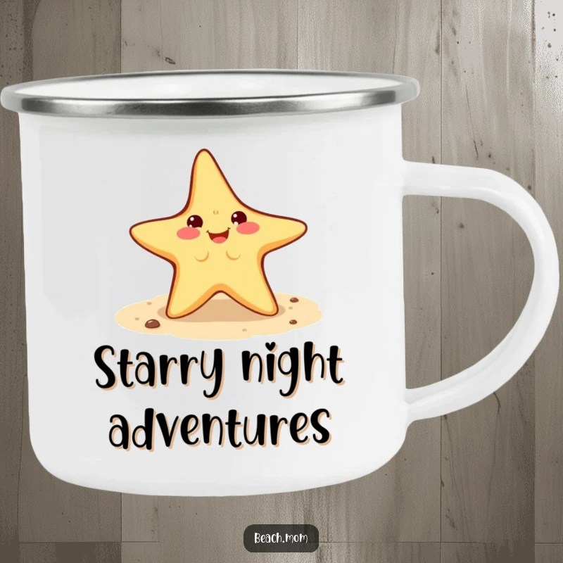 Funny Starfish Camping Mug: a smiling starfish mid-cartwheel on sand, built for rugged outdoor use and fun.