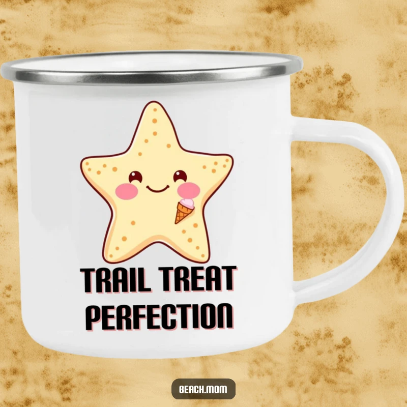 Funny Starfish Ice Cream Camping Mug: Enamel mug featuring a smiling starfish with a tiny ice cream cone, perfect for funny outdoor breaks.