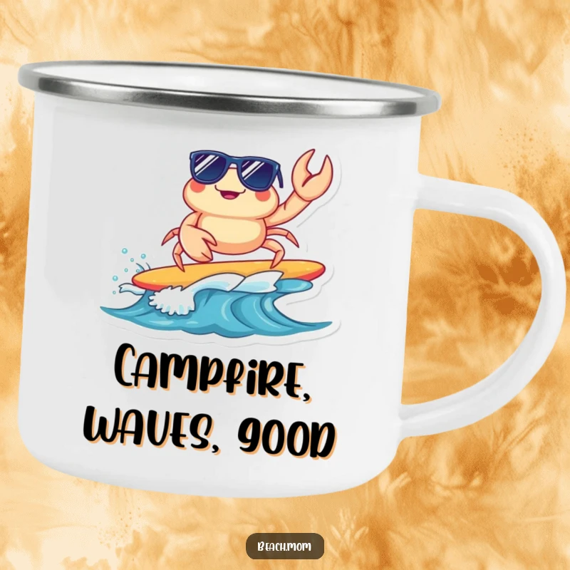 Funny surfing crab camping mug with a cool crab in sunglasses, durable and humorous for outdoor use, a perfect gift for beach lovers.