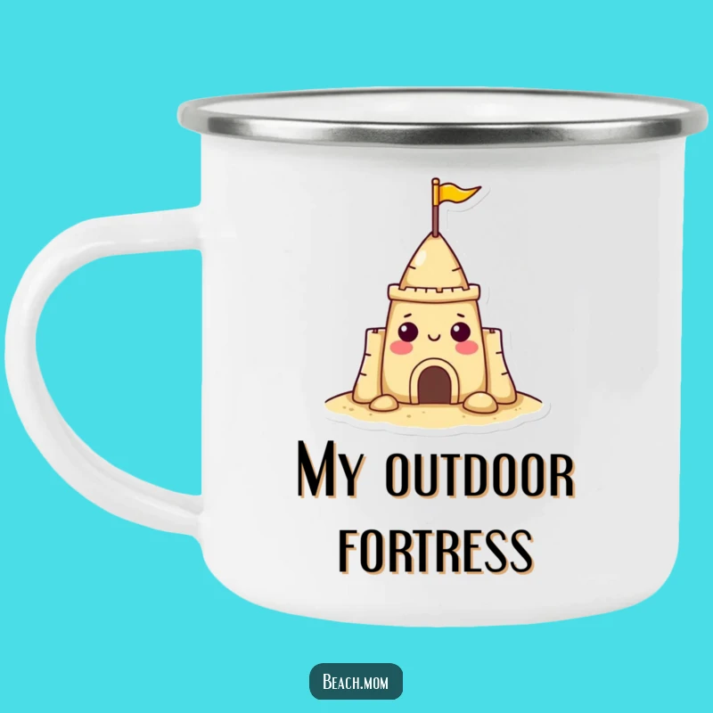 Funny Sandcastle Camping Mug: Cheerful Beach Character Adventure Gift Gear