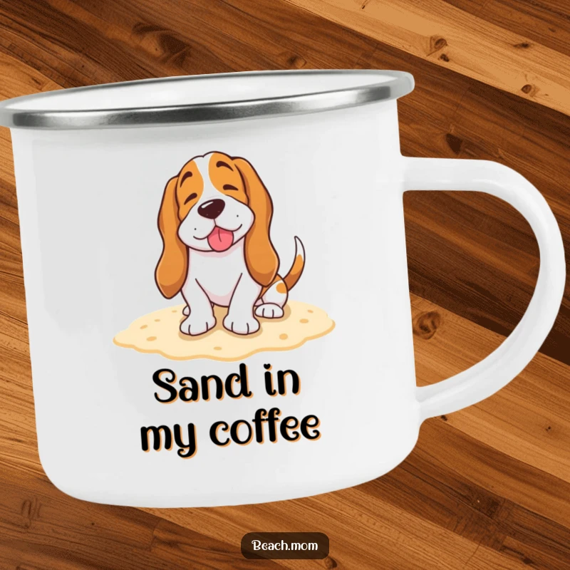 Funny Basset Hound camping mug with a happy dog burying its tail in the sand with a contented sigh, perfect for peaceful outdoor drinks.