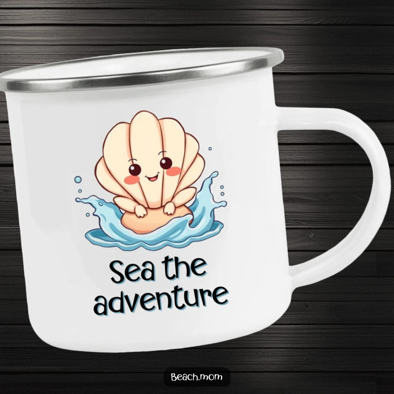 Funny Seashell Camping Mug: a smiling seashell character splashing in waves, designed for outdoor adventures and rugged use.