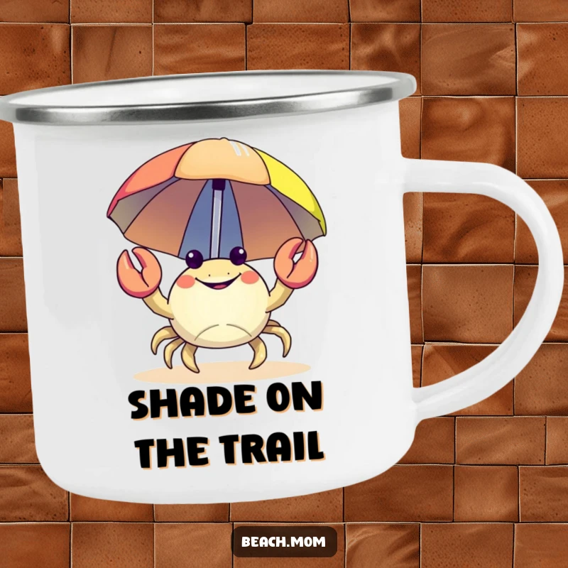 Funny Crab Camping Mug: A happy crab carrying a colorful beach umbrella, for outdoor shade.