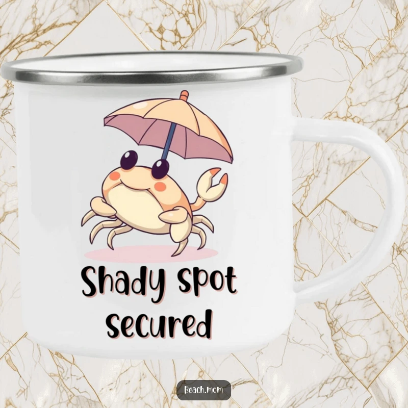 Funny camping mug featuring a crab scuttling sideways with a tiny umbrella, designed for outdoor fun.
