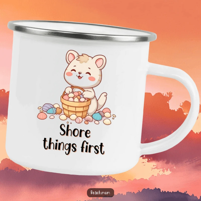 Funny animal character collecting seashells with a full bucket, smiling, durable camping mug design.