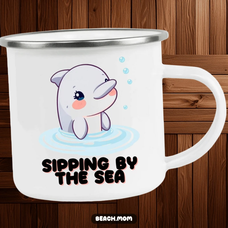 Funny dolphin blowing bubbles, printed on a sturdy enamel camping mug for ocean enthusiasts.