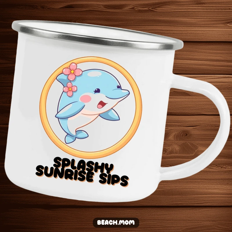 Funny dolphin with a flower, jumping through a hoop, on a durable camping mug.