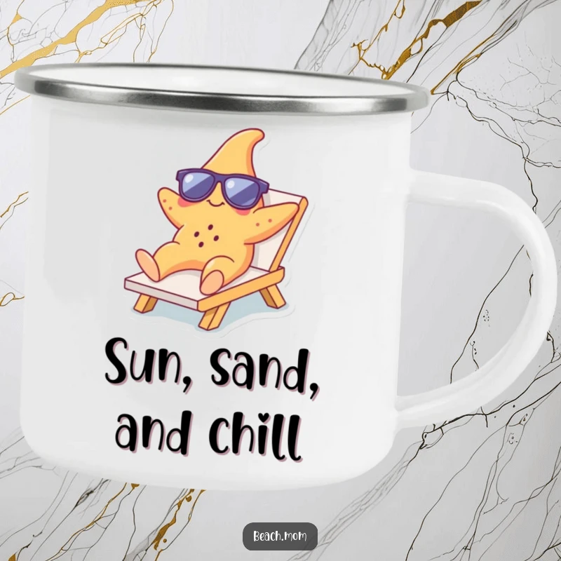 Funny Starfish Lounger Camping Mug: Enamel mug featuring a starfish in sunglasses relaxing, perfect for funny outdoor coffee breaks.