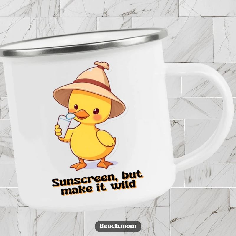 Funny camping mug featuring a duck wearing a sun hat and applying sunscreen to its nose, a durable and humorous outdoor companion.