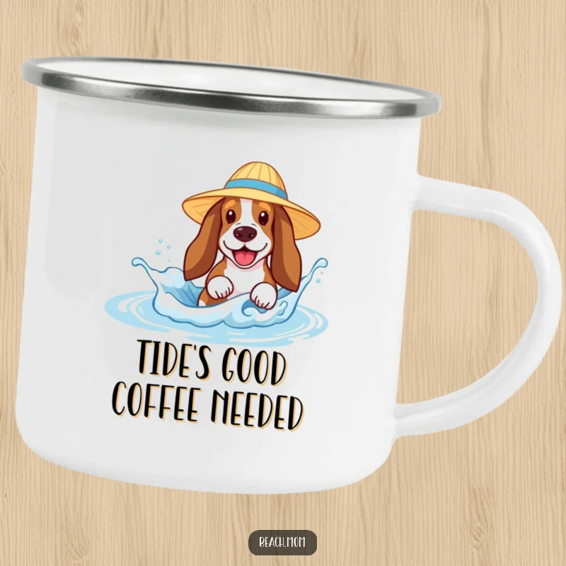 Funny Basset Hound camping mug with a sun-hatted dog joyfully splashing in a tiny wave, perfect for outdoor adventures and laughs.