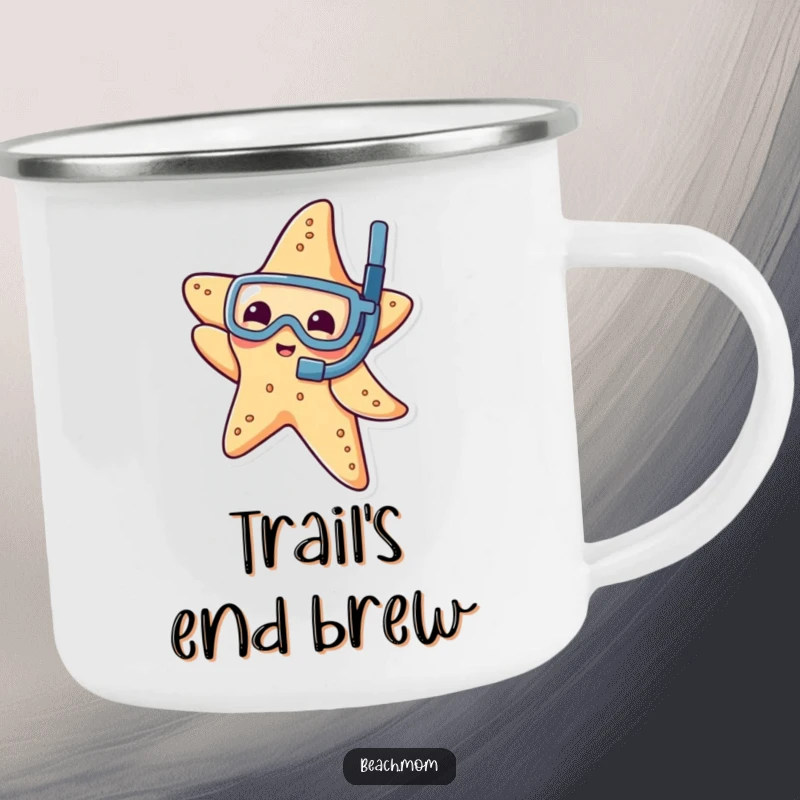Funny camping mug with a playful starfish wearing a tiny snorkel, dipping its arm, for seaside adventures.