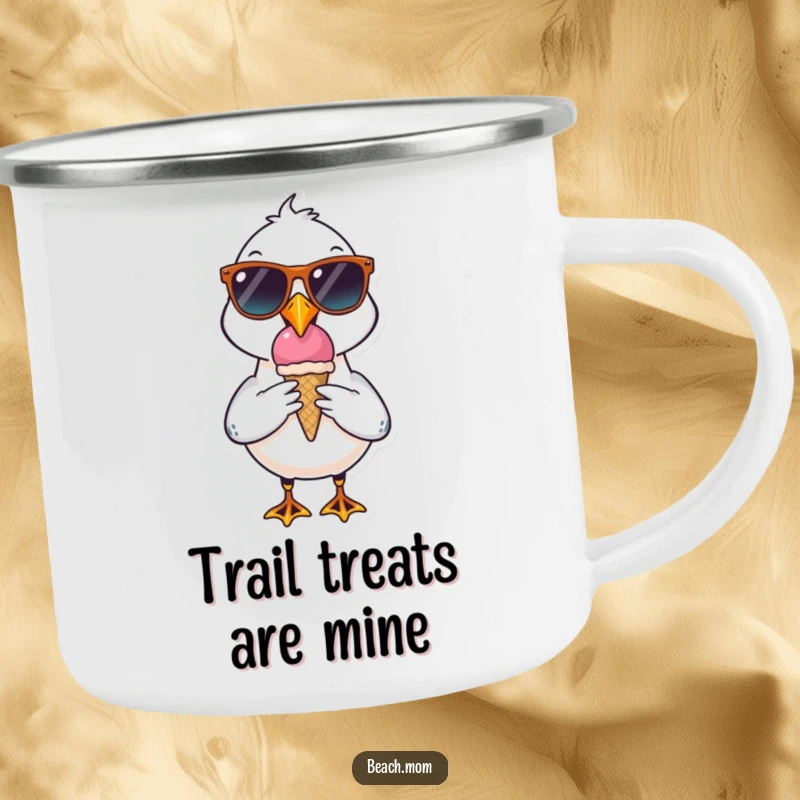 Funny seagull character camping mug wearing sunglasses, holding an ice cream cone, embodying outdoor cool and humor.