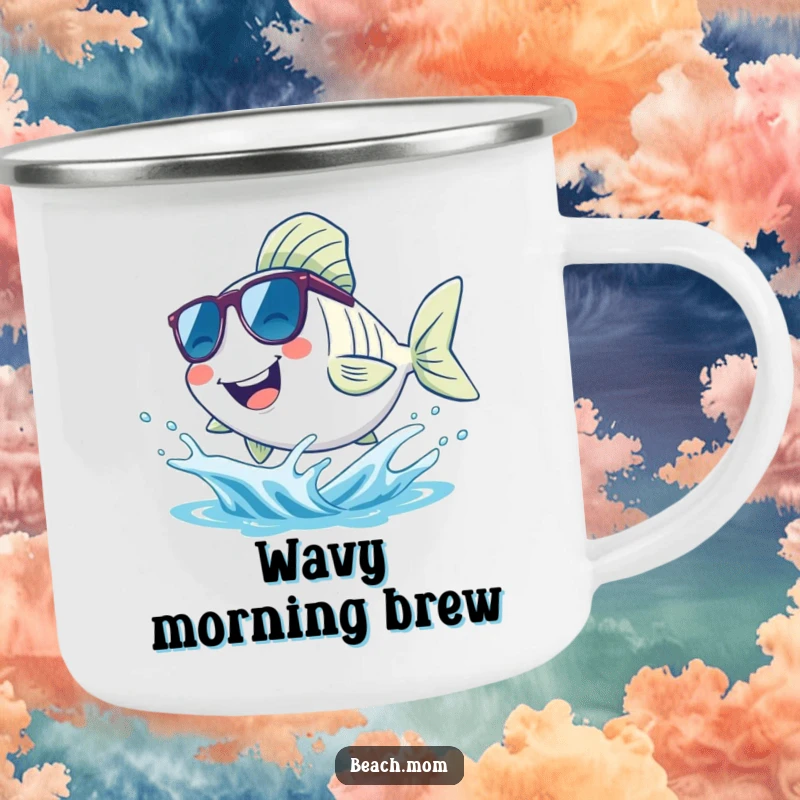Funny fish camping mug, showing a smiling fish wearing sunglasses and splashing in a wave, a humorous outdoor companion.