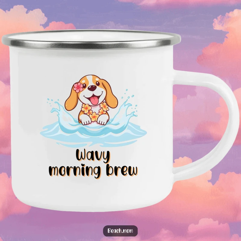 Funny Basset hound camping mug with a flower lei splashing in waves, perfect for outdoor enthusiasts seeking fun.
