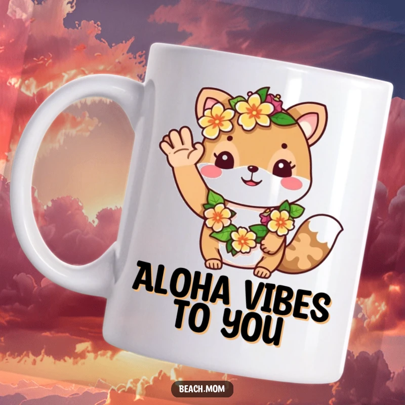 Funny mug: A cheerful animal character wearing a vibrant flower lei waves hello, exuding tropical friendliness.