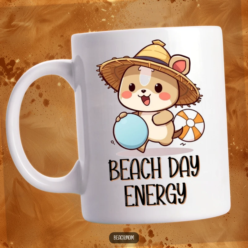 Funny animal character wearing a straw hat, joyfully chasing a beach ball, depicted on a coffee mug, capturing summer fun and humor.