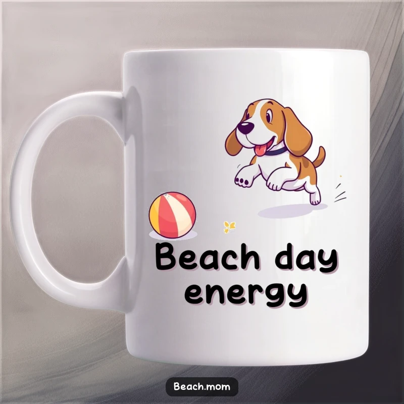 Funny Basset Hound mug illustration of a happy dog playfully chasing a colorful beach ball along the shoreline, with waves in the background.