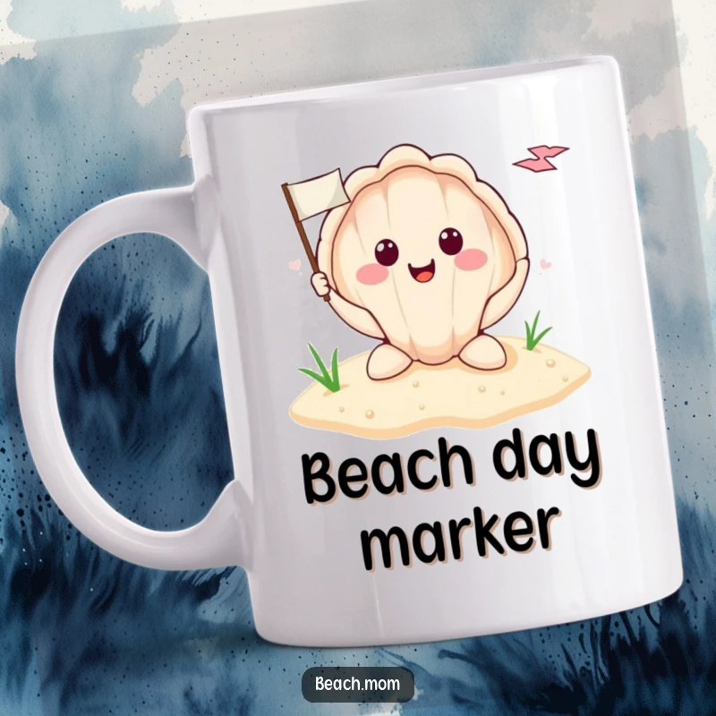Funny smiling seashell holding a tiny flag, planted in the sand, depicted on a mug, symbolizing beach discovery.