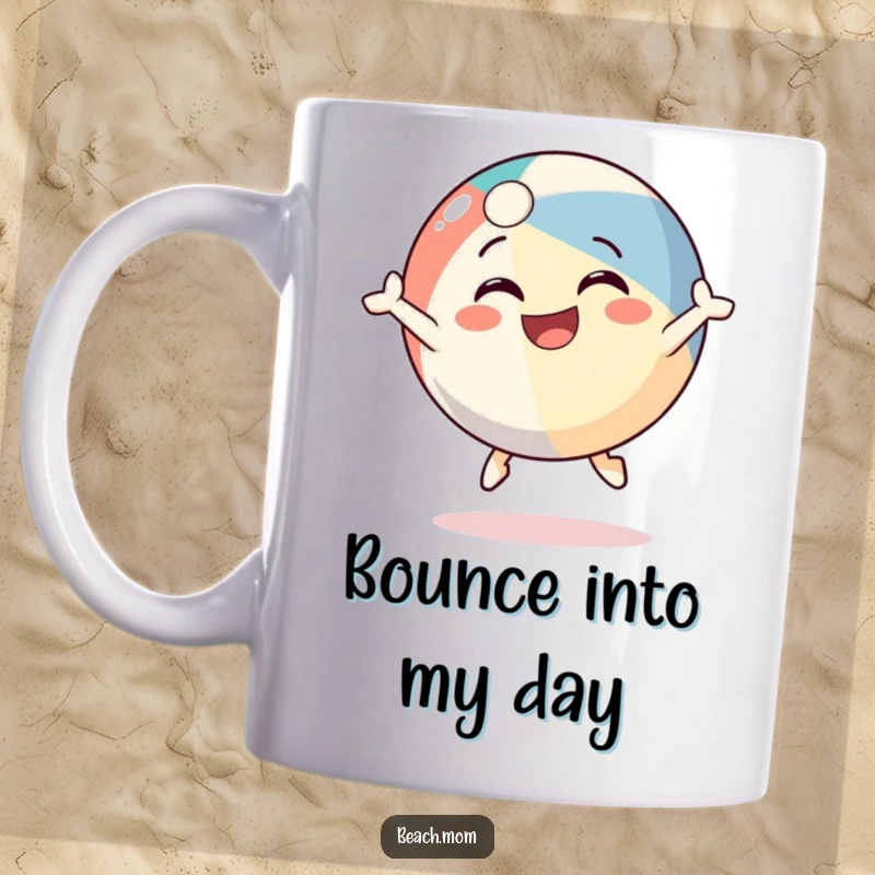 Funny beach ball character mug, bouncing joyfully with a wide grin, spreading summer cheer, an excellent funny gift.
