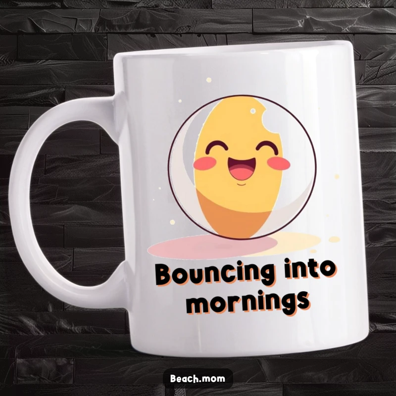 Funny Beach Ball Mug: A smiling beach ball joyfully bounces on sand, embodying pure fun and summer vacation spirit.