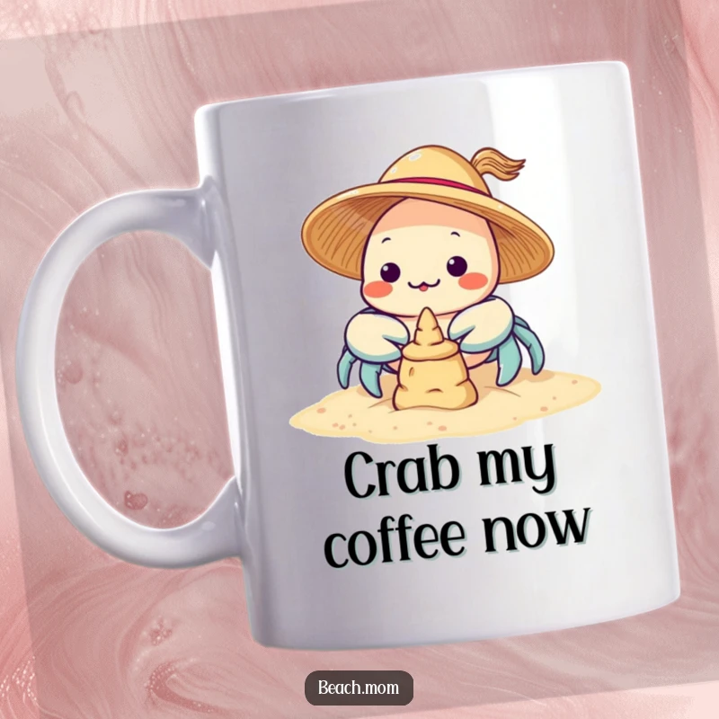 Funny Kawaii Crab Mug featuring a cute crab in a sun hat trying to build a sandcastle on the beach.