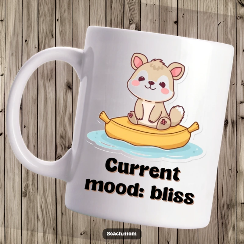 Funny animal character blissfully floating on a raft, bobbing happily on calm water, perfect for a mug.