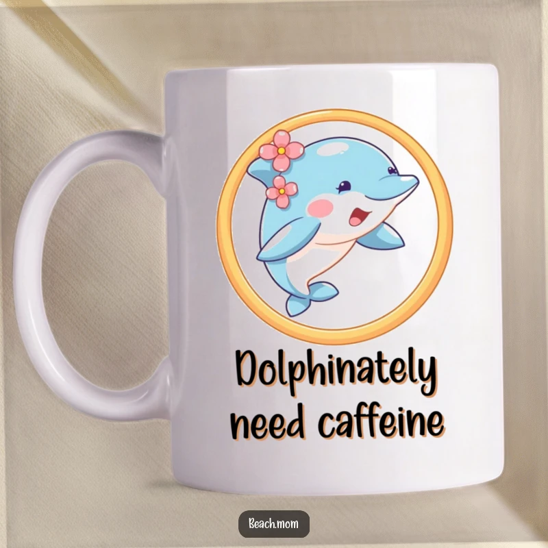 Funny happy dolphin with a flower behind its ear, leaping through a hoop on a mug.