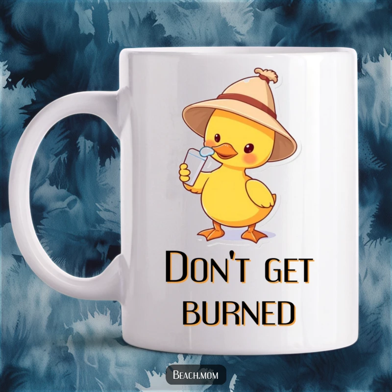 Funny mug with a duck in a sun hat, carefully applying sunscreen to its beak, looking very serious about sun protection.