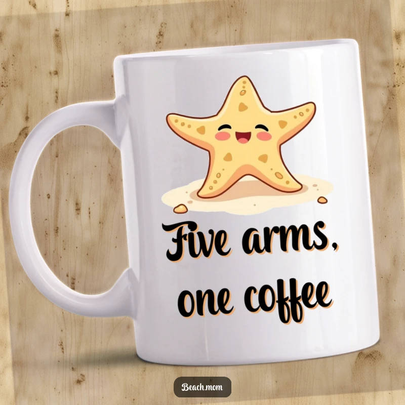 Funny mug showing a delighted starfish enthusiastically wiggling its arms on a sandy beach, radiating pure happiness.