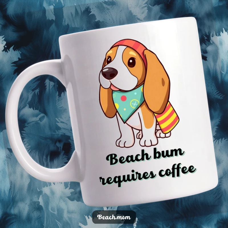 Funny Basset Hound mug featuring a dog in a bandana with a beach bag, ready for a holiday adventure.