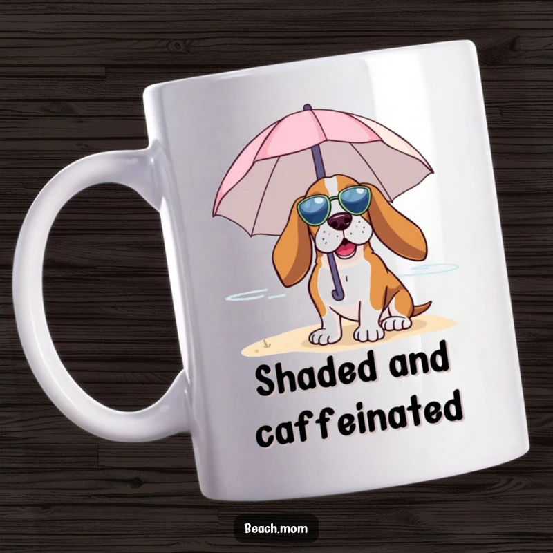 Funny Basset Hound mug featuring a dog relaxing under a tiny umbrella, enjoying the beach breeze with serene happiness.