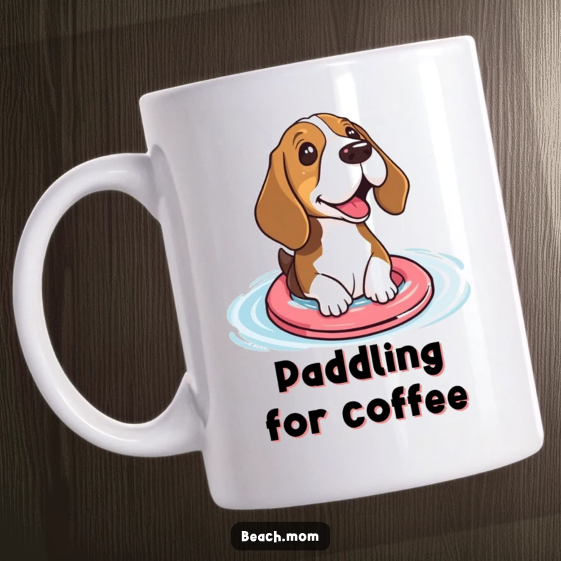 Funny Basset hound mug featuring a dog with small floaties excitedly paddling in water, embodying water fun.