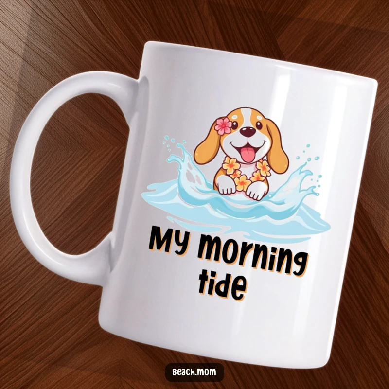 Funny Basset hound mug with a flower lei splashing joyfully in gentle ocean waves, capturing pure vacation happiness.
