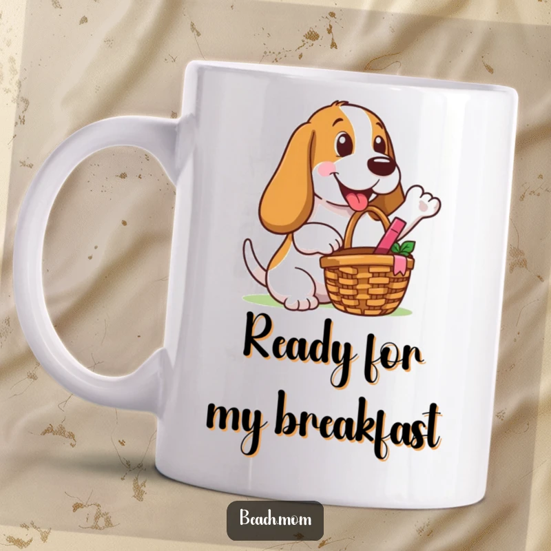 Funny Basset Hound mug with a picnic basket, making a happy gesture to share, embodying outdoor joy and friendliness.